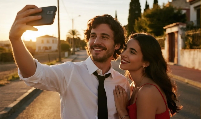 Selfie de Pareja en Carretera al Atardecer