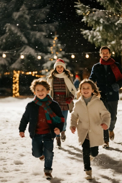 A family of four playing in the snow on Christmas night
