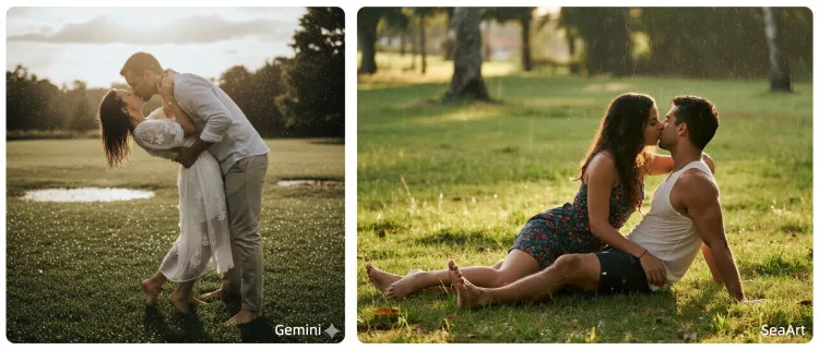 Casal descalço se beijando no gramado após a chuva