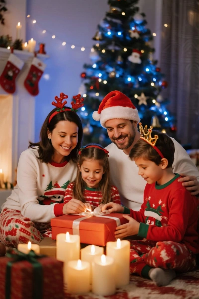 Christmas tree and gifts in pajamas