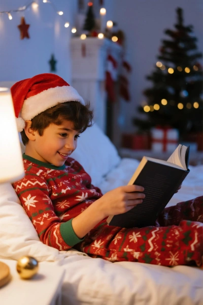 A little boy dressed in a Christmas costume is reading in bed.