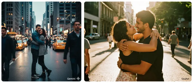 Casal se abraçando nas ruas da cidade