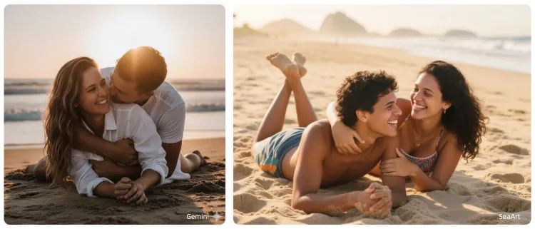 Casal brincando e se abraçando na areia da praia