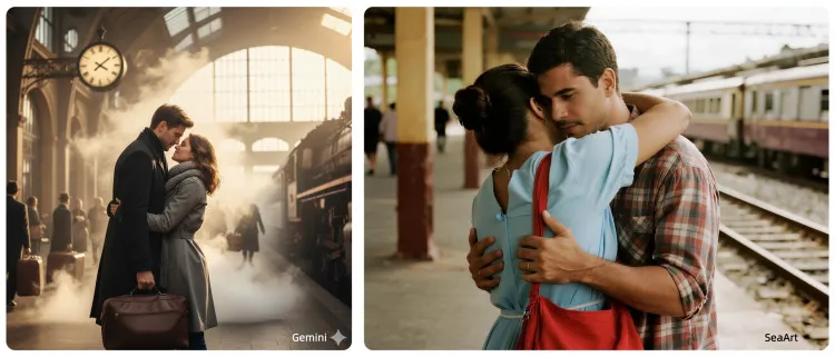 Casal se despedindo na estação de trem