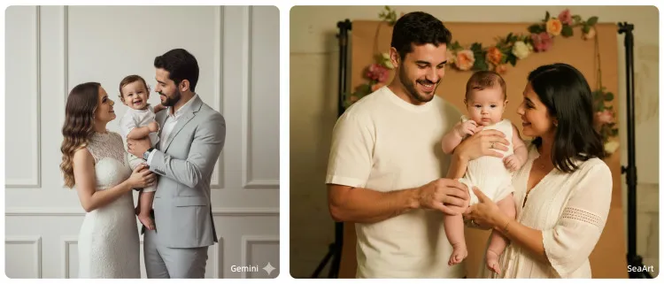 Casal com filho nos braços em estúdio profissional