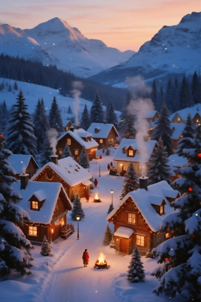 Christmas village among snowy mountains