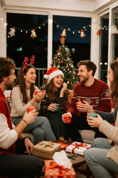 Friends sat together playing Christmas games