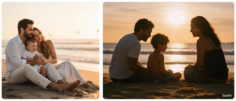 Casal com filho sentado na praia observando o nascer ou o pôr do sol