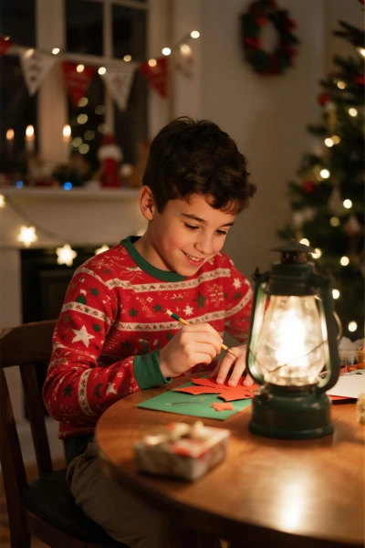 A little boy is making Christmas crafts