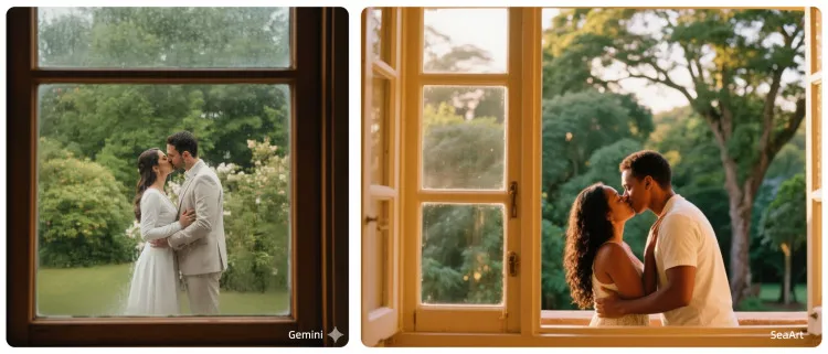 Casal se beijando visto pela janela