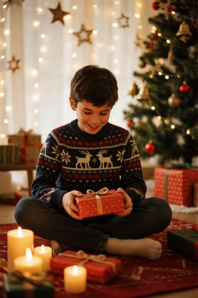 A kid opening presents by the tree