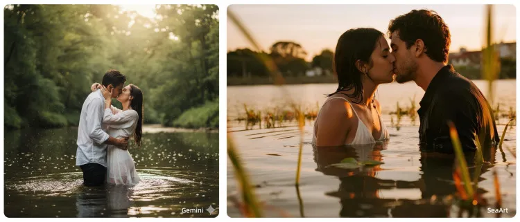 Casal se beijando na água de rio ou lago