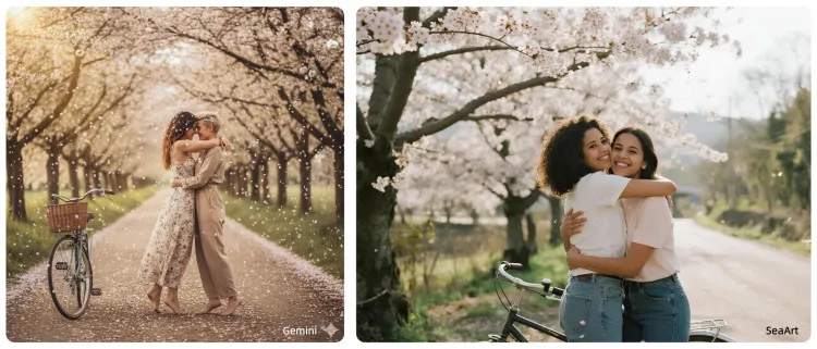 Duas mulheres se abraçando junto à bicicleta em estrada florida
