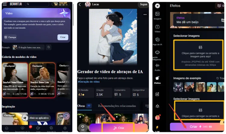 Interfaces de criar vídeos de beijo e abraço com o SeaArt