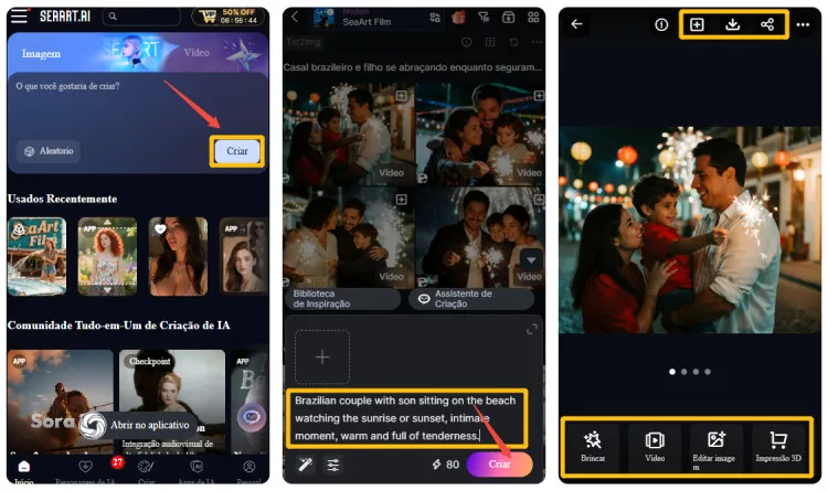 Interfaces de criar imagens de casal com o SeaArt