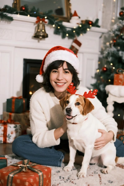 A girl wearing a Santa hat holding a dog