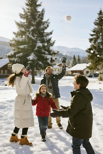 Jugando a la guerra de nieve en familia