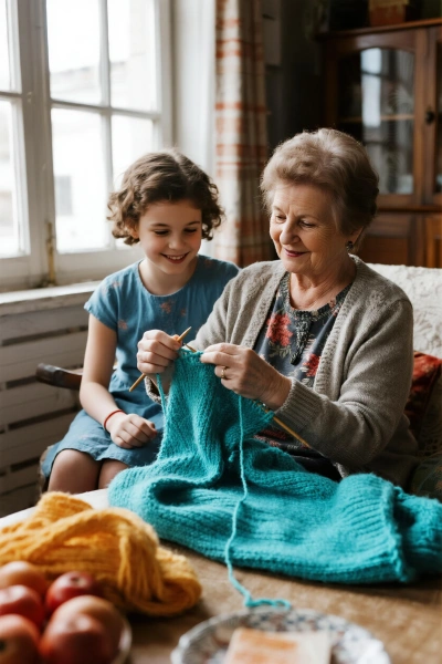 Abuela tejiendo suéter para la nieta