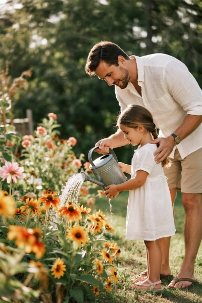 Regando flores en el jardín