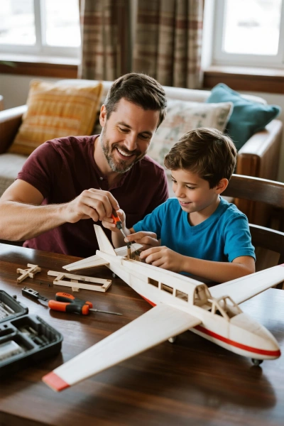 Armando un modelo de avión en la sala