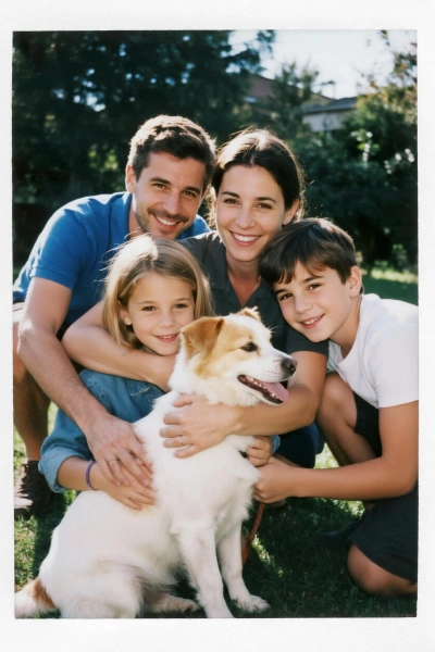 Foto familiar con mascota en el jardín