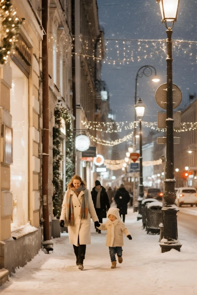 Rua nevada natalina ao entardecer