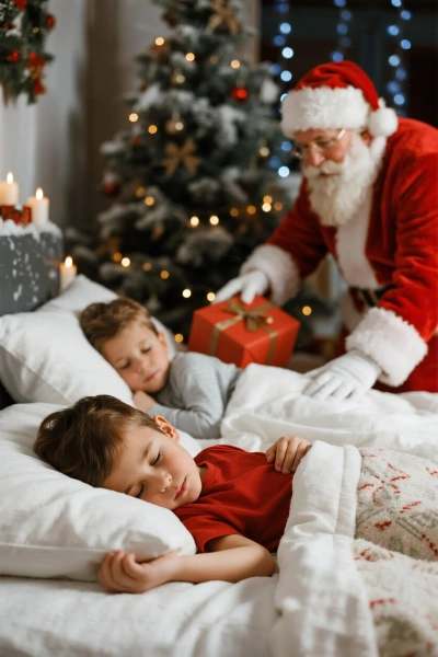 Papai Noel entrando enquanto dormem