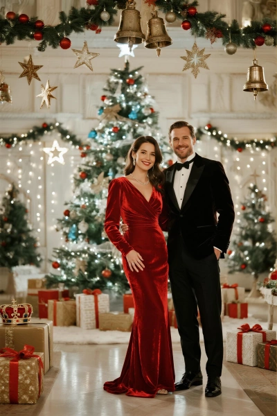 Casal elegante em frente à árvore de Natal