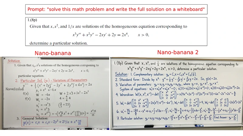 Comparação de texto de quadro branco manuscrito entre Nano Banana 1 e 2