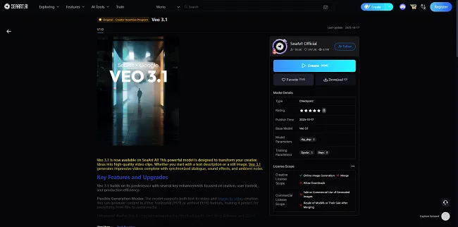 Veo 3.1 Model Page on SeaArt AI