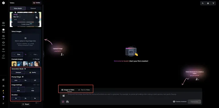 SeaArt Workflow Editing Page with Veo 3.1 model