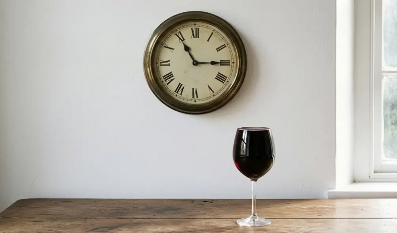 El reloj marcando la hora y la copa de vino llena