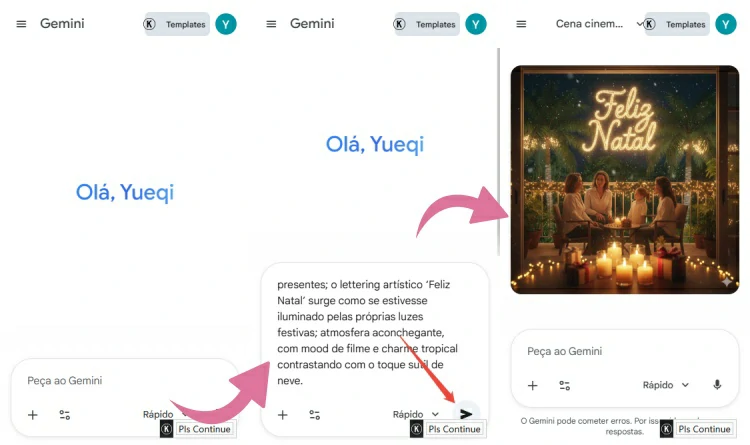 Interfaces de criar cartão de Natal no Gemini
