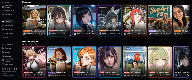 Interface da página dos modelos do SeaArt
