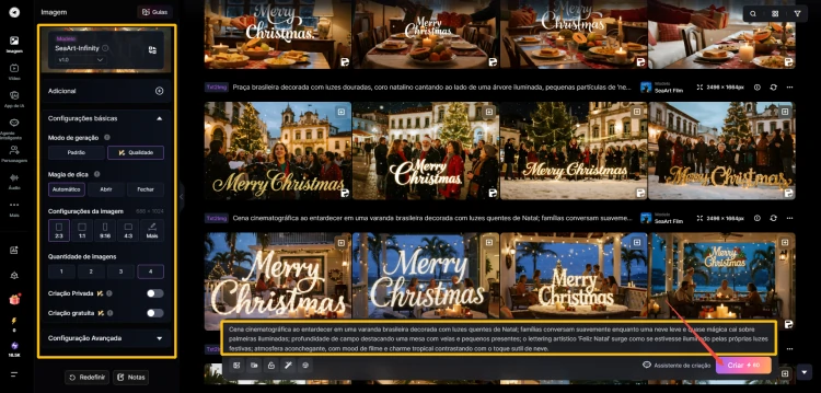 Interface do SeaArt criando arte de Natal personalizada