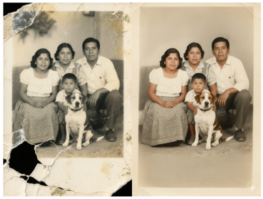 Repara foto familiar antigua con mascota, llena de detalle y color