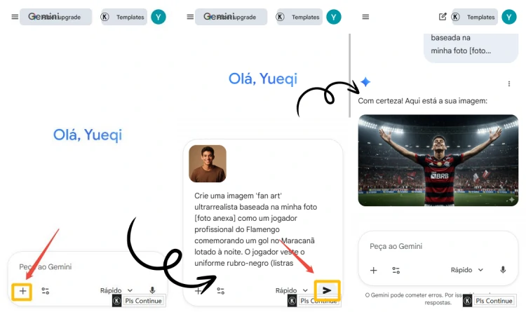 Interfaces do Gemini para criar foto jogador flamengo