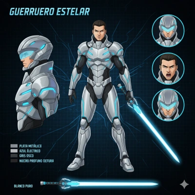 Crea el concept art de un guerrero futurista