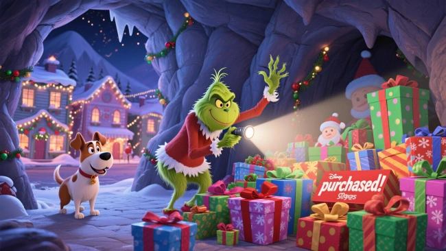 El plan del Grinch para robar regalos en la montaña nevada
