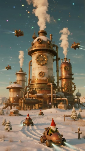 Fábrica mágica de regalos en la nieve