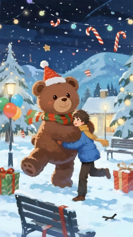 Niño con un enorme oso de peluche en la nieve