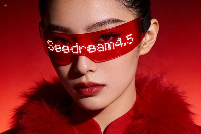 AI-generated girl is wearing red glasses with the Seedream 4.6 printed
