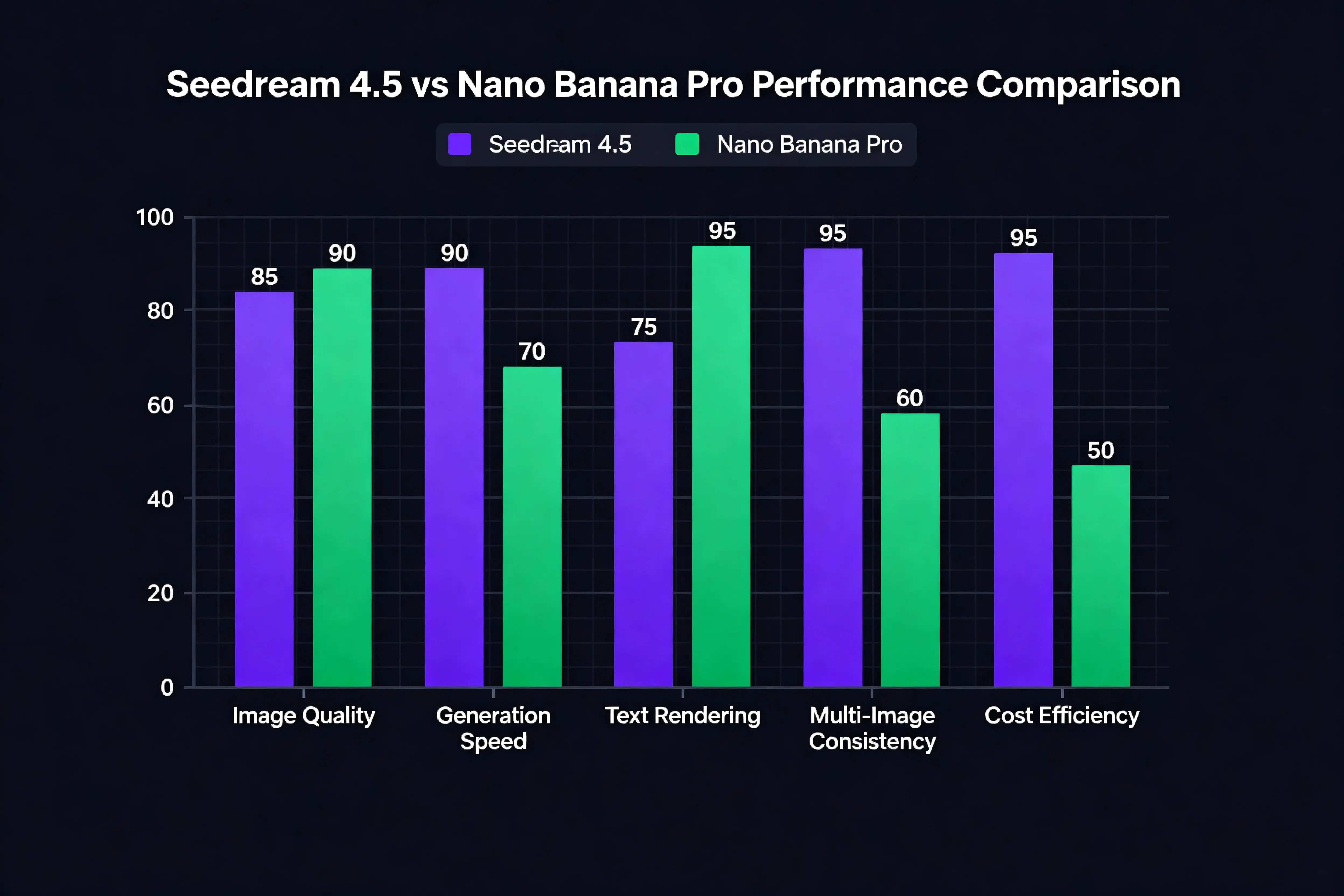 Seedream 4.5 vs Nano Banana Pro performance comparison across 5 key metrics
