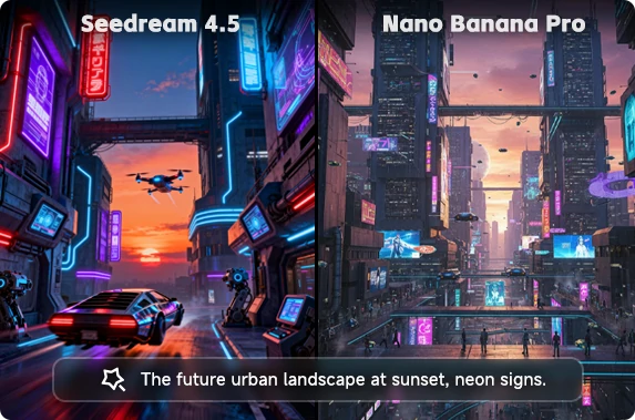 Cyberpunk cityscape comparison: Seedream 4.5 artistic vs Nano Banana Pro photorealistic