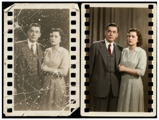 Restaura fotograma de filme antigo com granulação marcada e detalhes claros