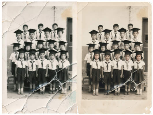 Repara foto desfocada de formatura infantil com detalhes nítidos