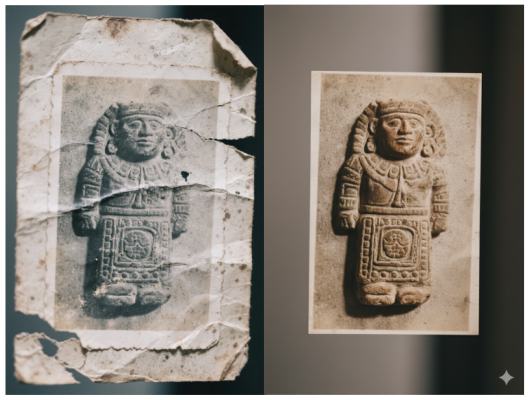 Repara fotografia antiga de peça cultural com texturas e cores reais