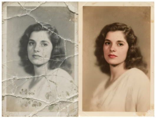 Repara retrato de estúdio antigo desvanecido com nitidez e cor