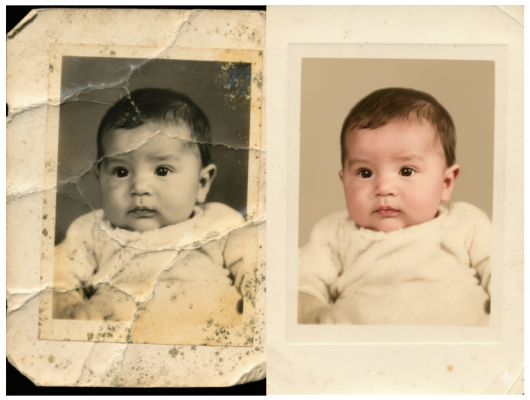 Restaura foto antiga de bebê amarelada com cores suaves e naturais