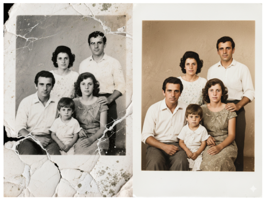 Restaura foto familiar antiga desbotada com detalhes nítidos